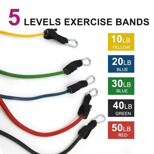 5-piece resistance bands set with 10lb to 50lb resistance levels and handles