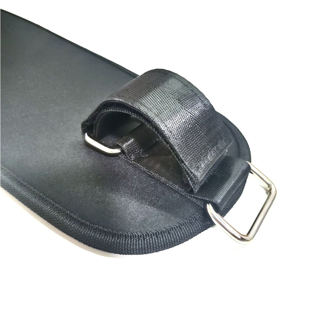 Black neoprene wrist support with metal clip on a white background