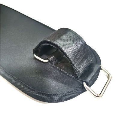 Black neoprene wrist support with metal clip on a white background