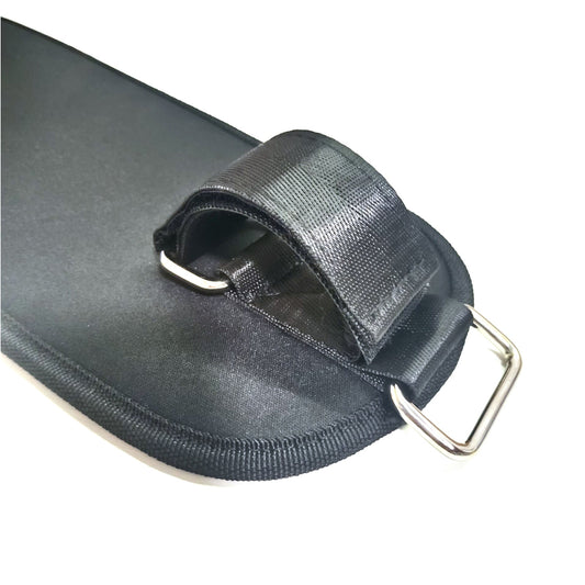 Black neoprene wrist support with metal clip on a white background