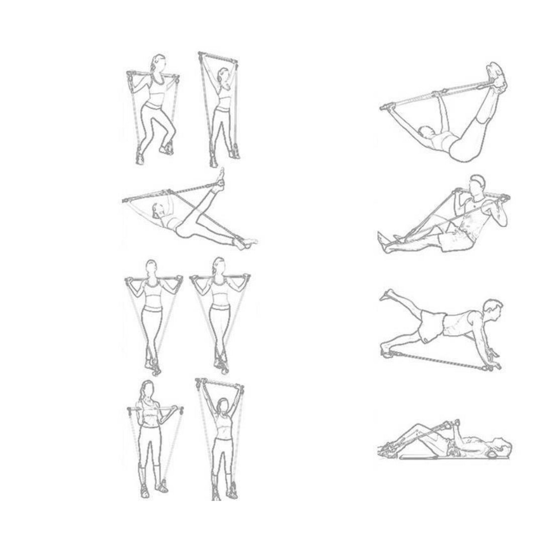 Illustrations of various resistance band exercises on a white background