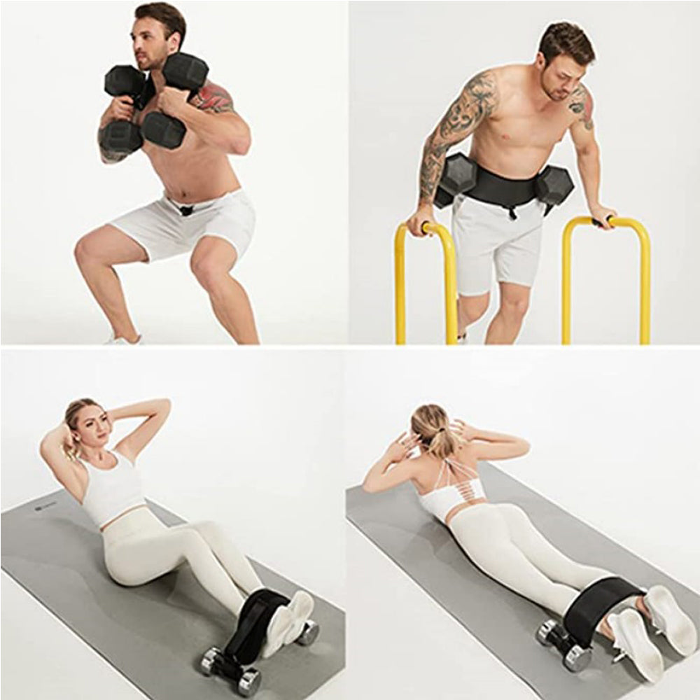 Collage of a man and woman exercising with fitness equipment on a white background