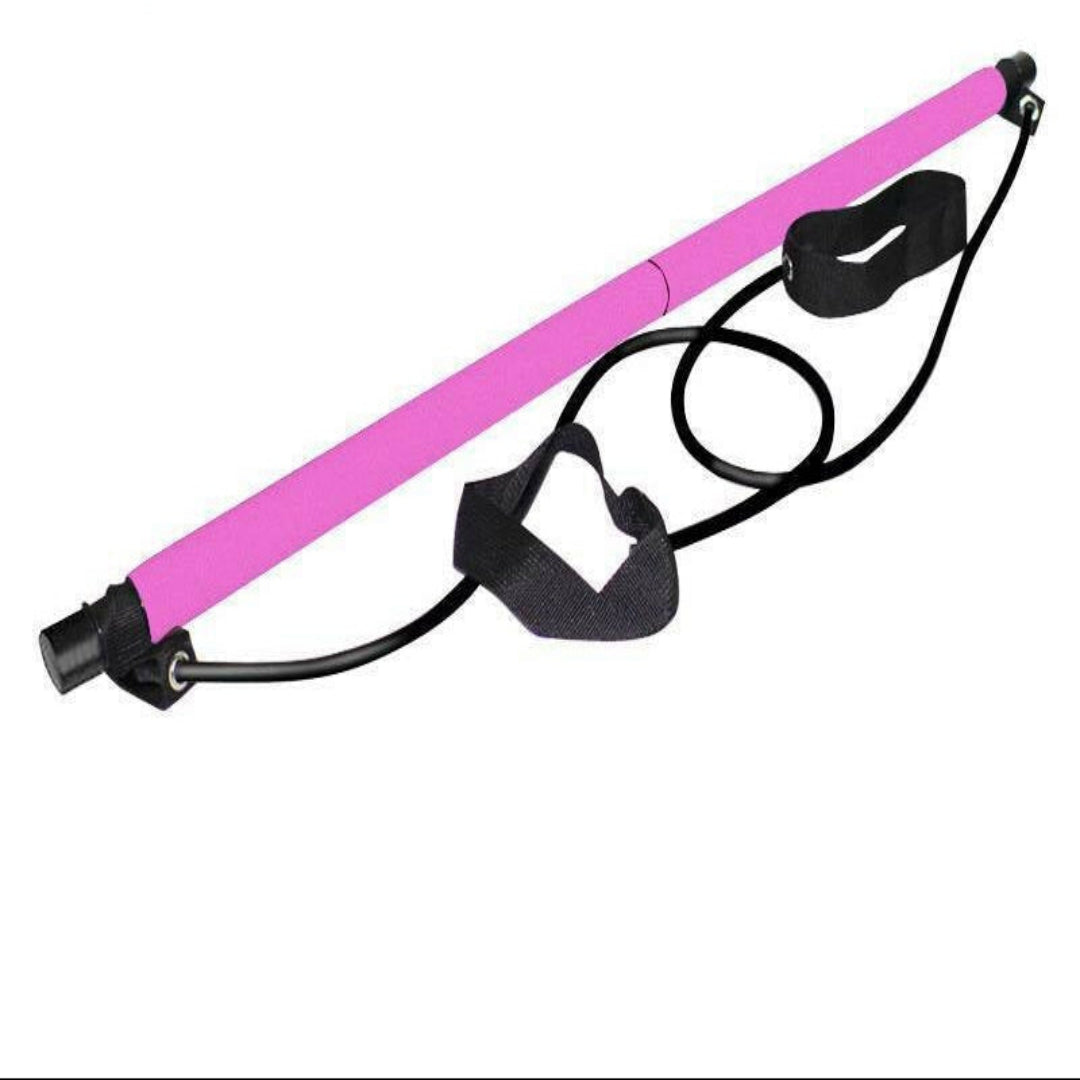 Pink resistance band with black handles on a white background