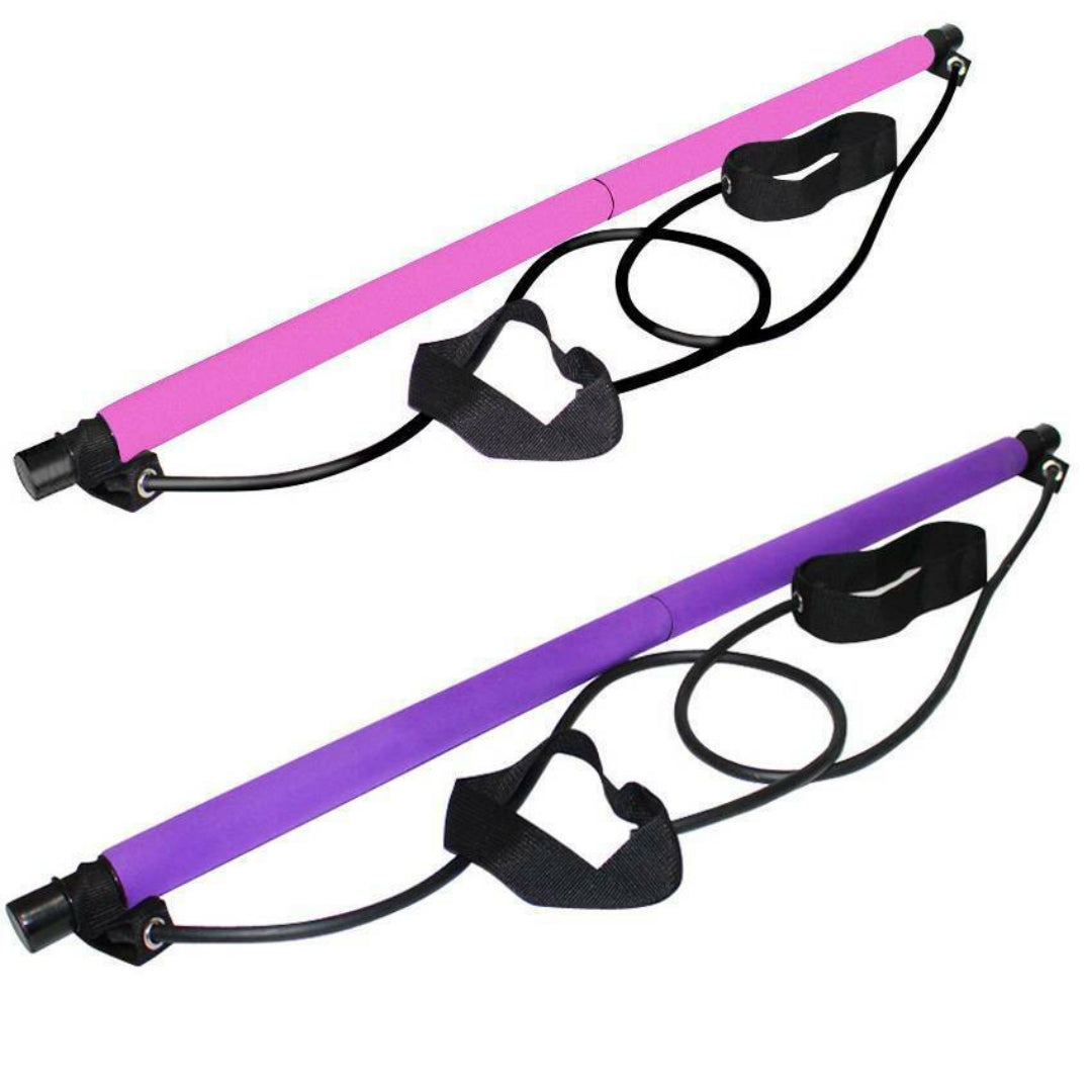Purple Pilates resistance stick with foot pedal and elastic resistance bands