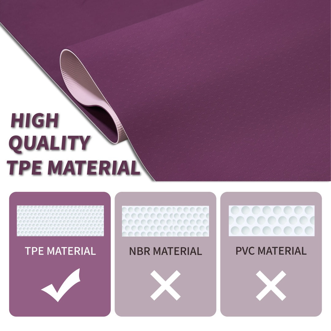 Purple TPE yoga mat with non-slip surface and material features