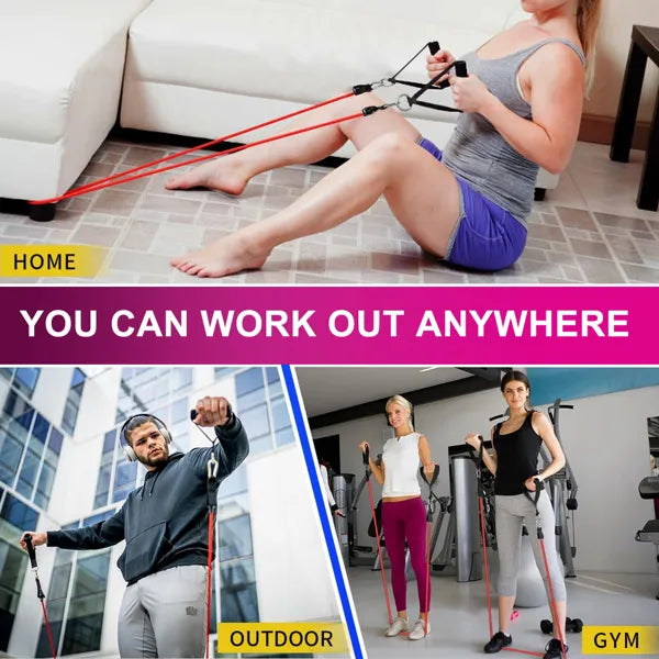 resistance bands being used for home, outdoor, and gym workouts