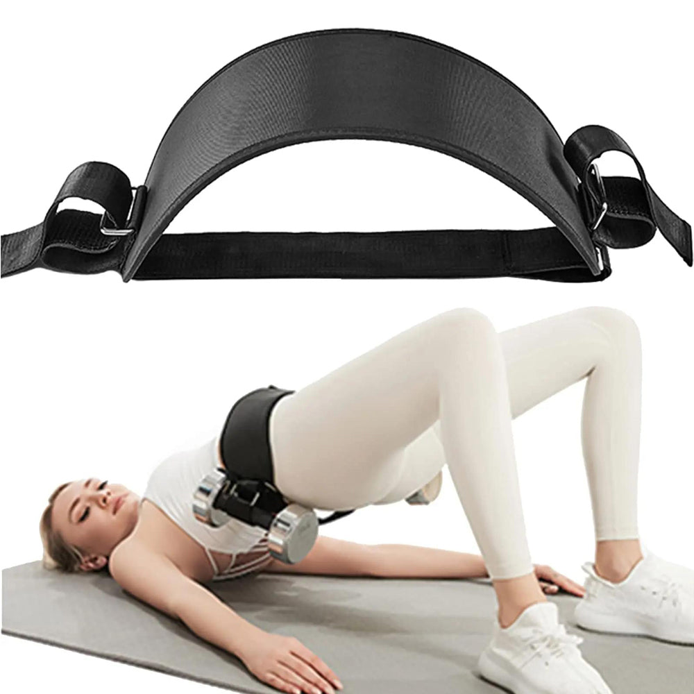 Black exercise belt with a woman using it for core training on a white background