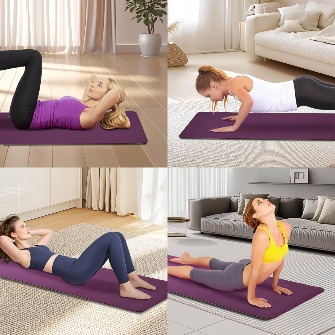 Yoga and Pilates exercises using a purple non-slip workout mat