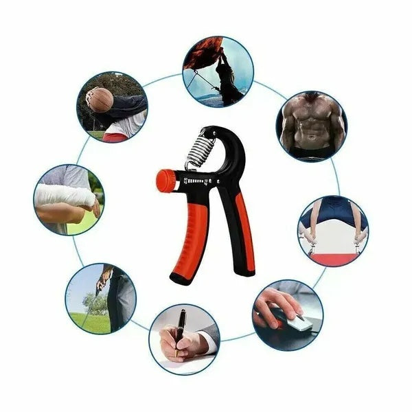 Adjustable hand grip strengthener featuring stainless steel spring, easy turn dial, and non-slip rubber handles