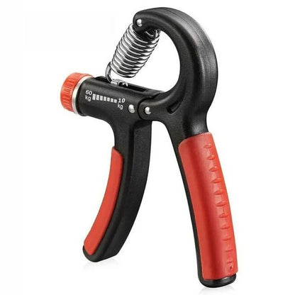 Hand grip strengthener with red and black design on a white background