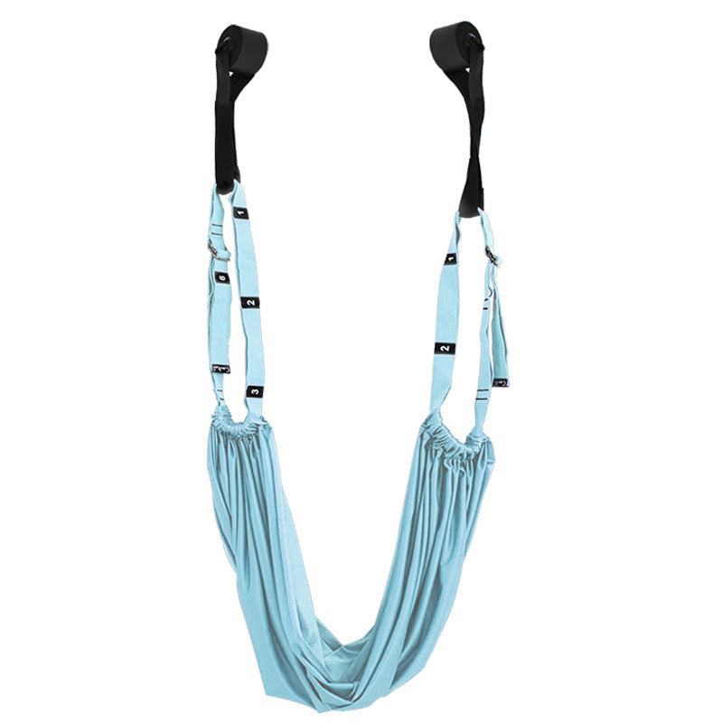 Light blue yoga swing with black straps on a white background