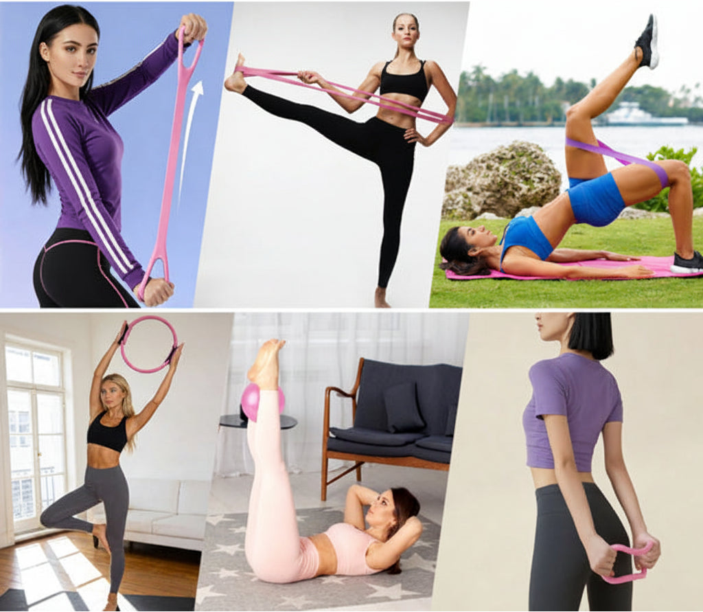 Pink Pilates equipment set with Pilates ring, yoga ball, resistance bands and carry bag